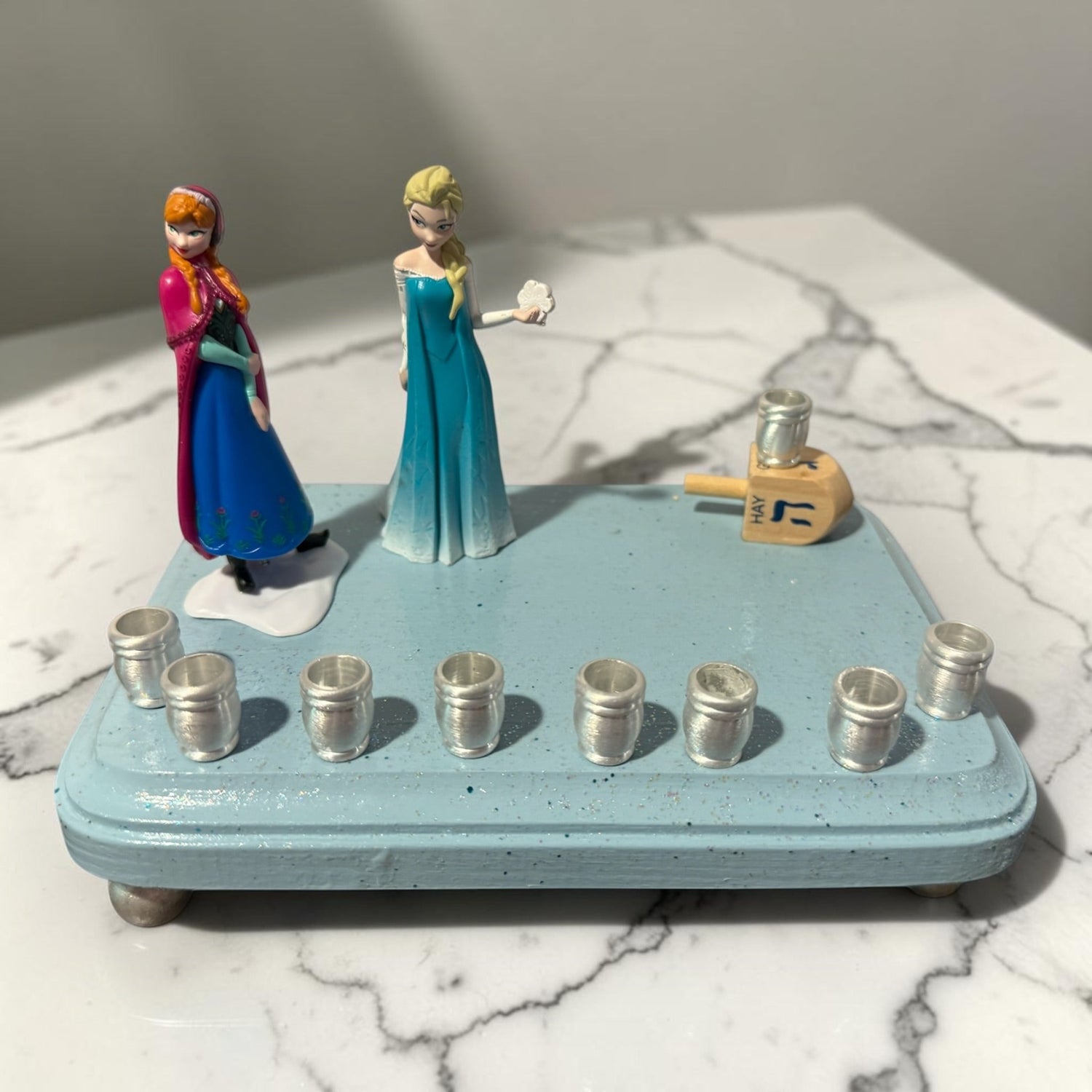 Frozen menorah — Anna and Elsa figures on rhinestone-trimmed painted plaque | Judaica Square Lakewood (view 4)