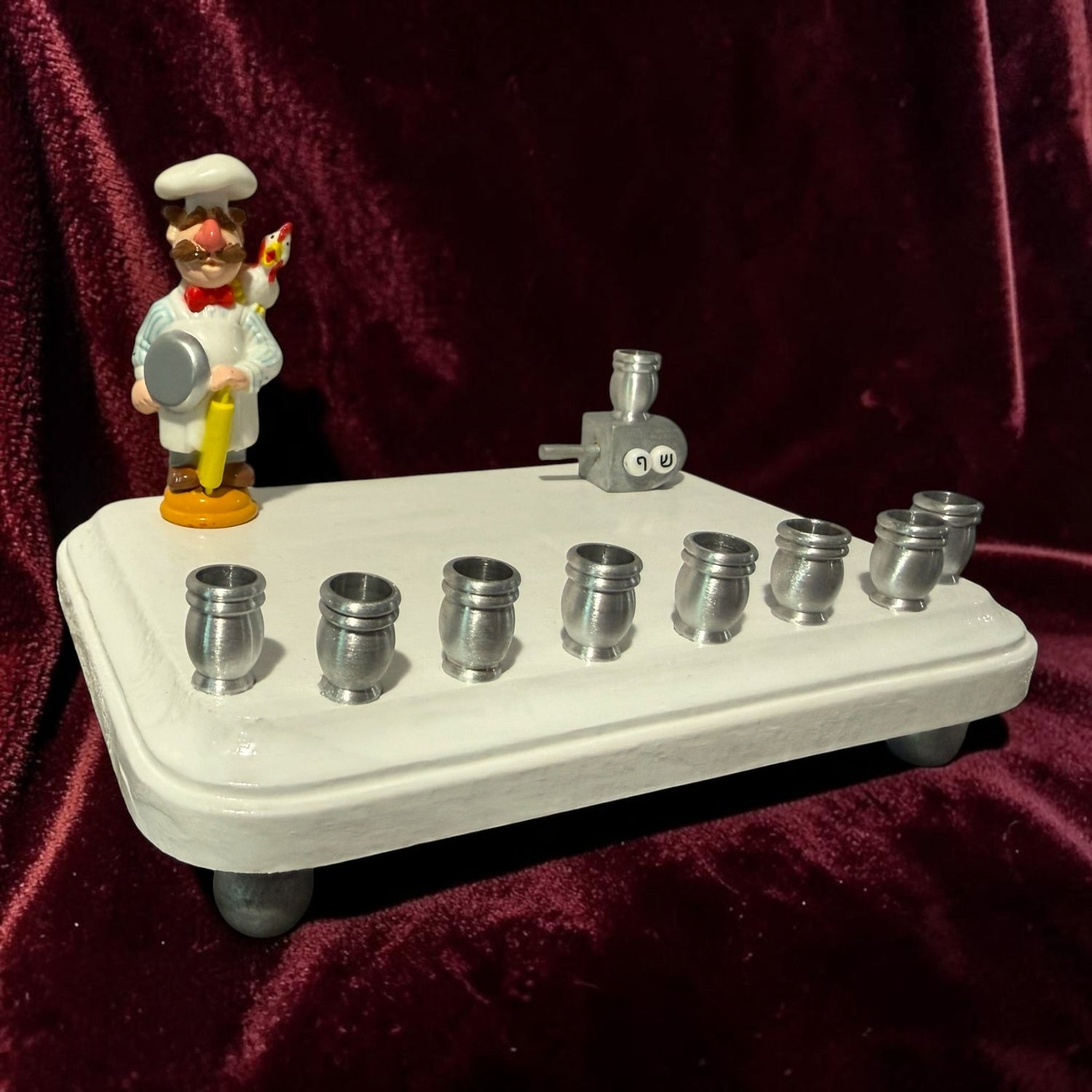 Swedish Chef menorah — Muppets chef figure with Hebrew bead dreidel and aluminum cups | Judaica Square Lakewood (view 2)