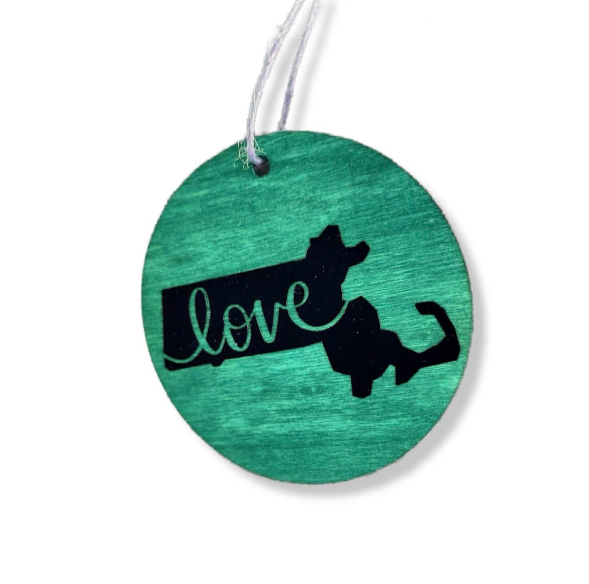 Stained wood Massachusetts state ornament with the word Love in vinyl | Judaica Square Lakewood (view 6)