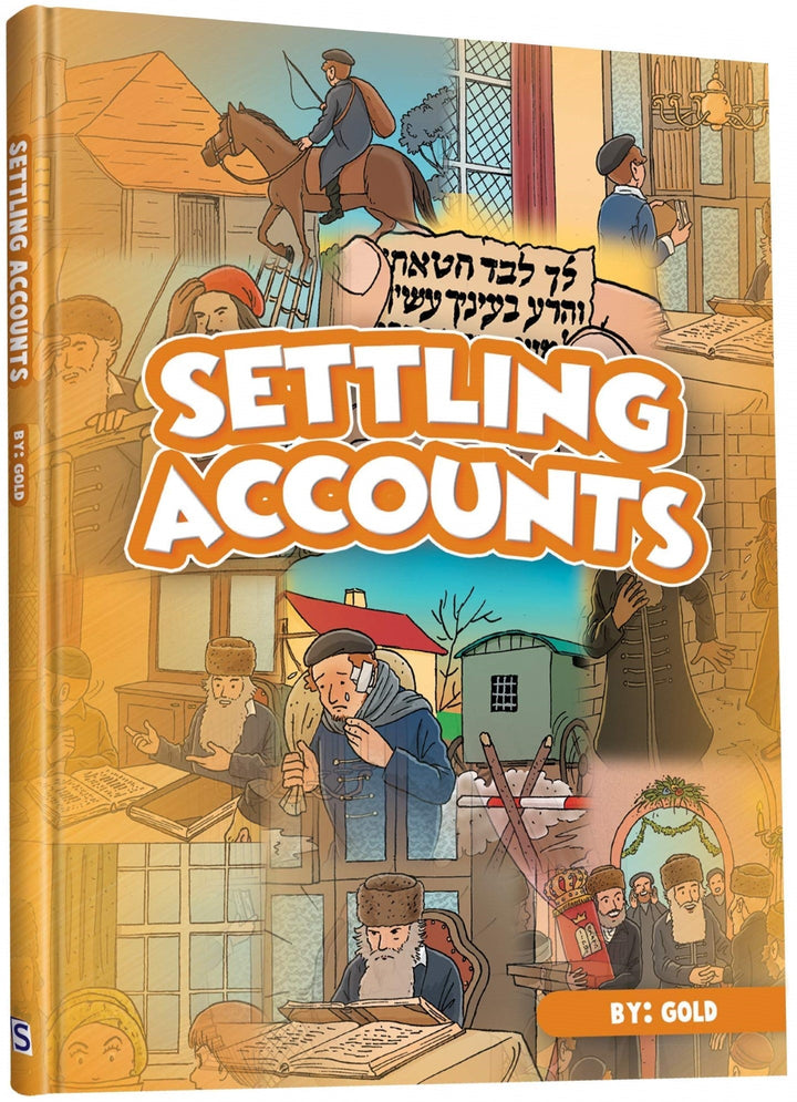 Front cover of Settling Accounts by Gold with a parchment of Hebrew text by the title