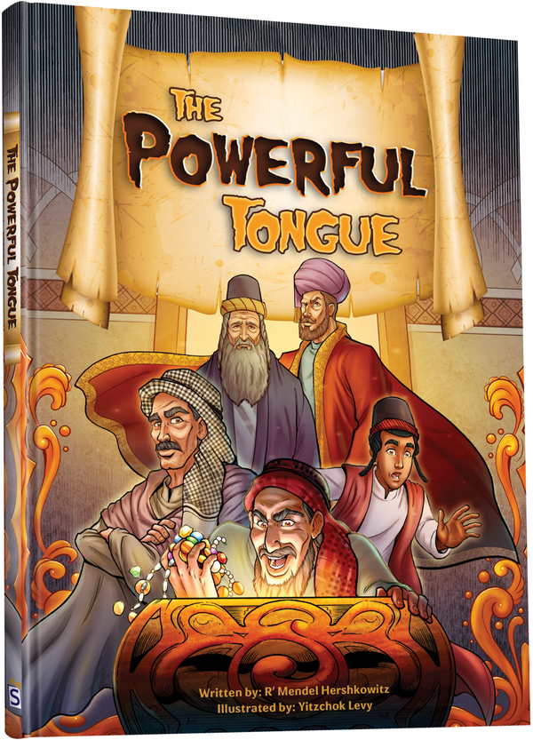 The Powerful Tongue cover: a grinning man grabbing gold coins as a chacham and boy look on