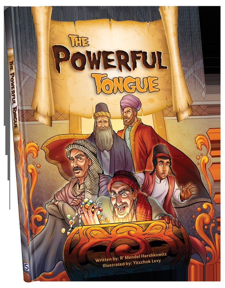 The Powerful Tongue cover: a grinning man grabbing gold coins as a chacham and boy look on