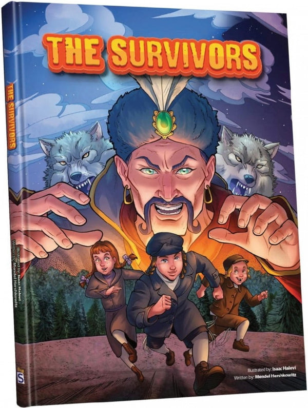 The Survivors comic cover: three children fleeing a looming villain and two wolves
