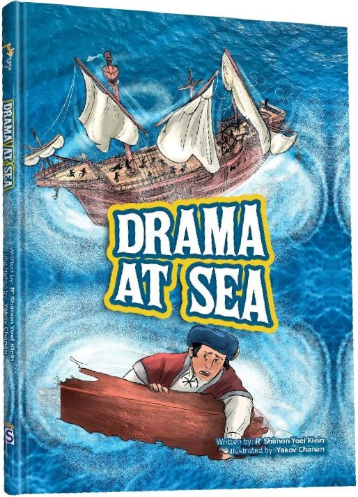 Drama at Sea cover: a sailing ship in swirling waves and a man gripping a wooden plank