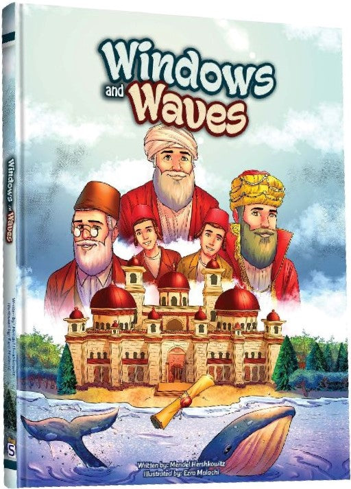 Windows and Waves cover: a domed palace by the sea with whales and a floating scroll