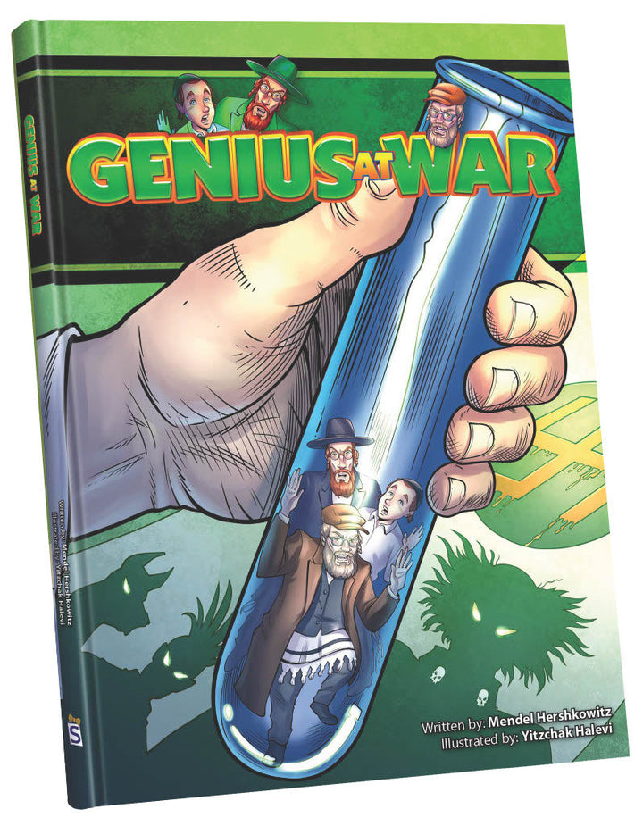 Genius at War cover: a giant hand holding a test tube with three people trapped inside
