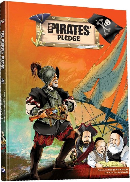 The Pirates' Pledge comic cover with an armored captain, pirate flag and Jewish travelers