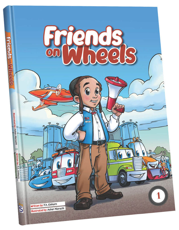 Friends on Wheels 1 cover: a boy with a megaphone in front of smiling trucks and a plane