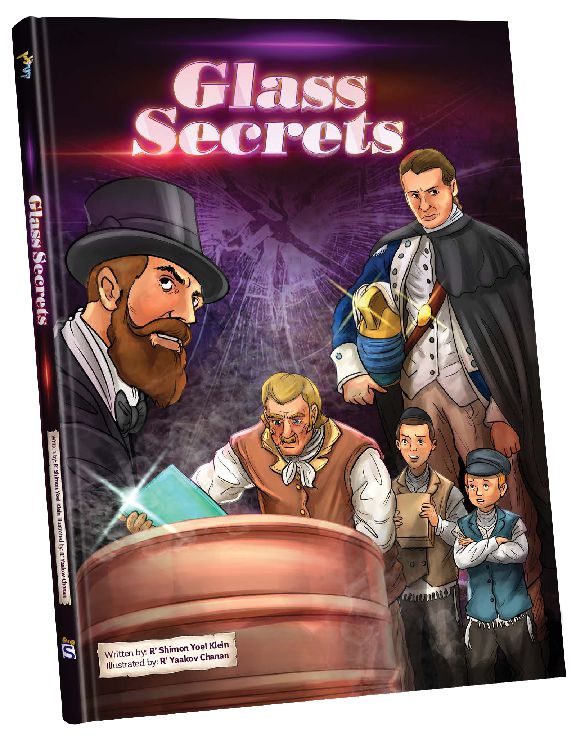 Glass Secrets cover: a man in a top hat, a glowing glass pane and a caped officer