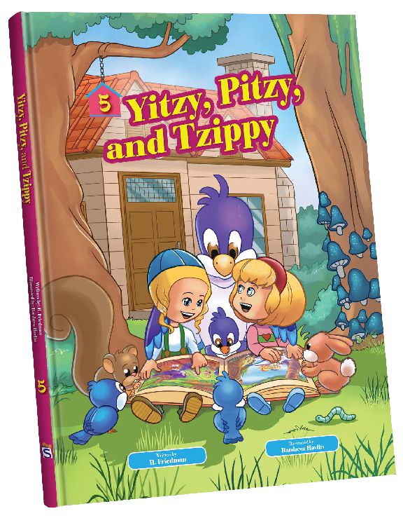 Yitzy, Pitzy and Tzippy volume 5 cover: twins reading with a purple bird outside a cottage