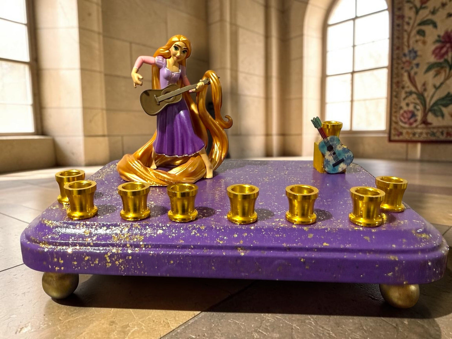 Rapunzel menorah — Tangled figure with wooden guitar shamash on painted base | Judaica Square Lakewood (view 2)