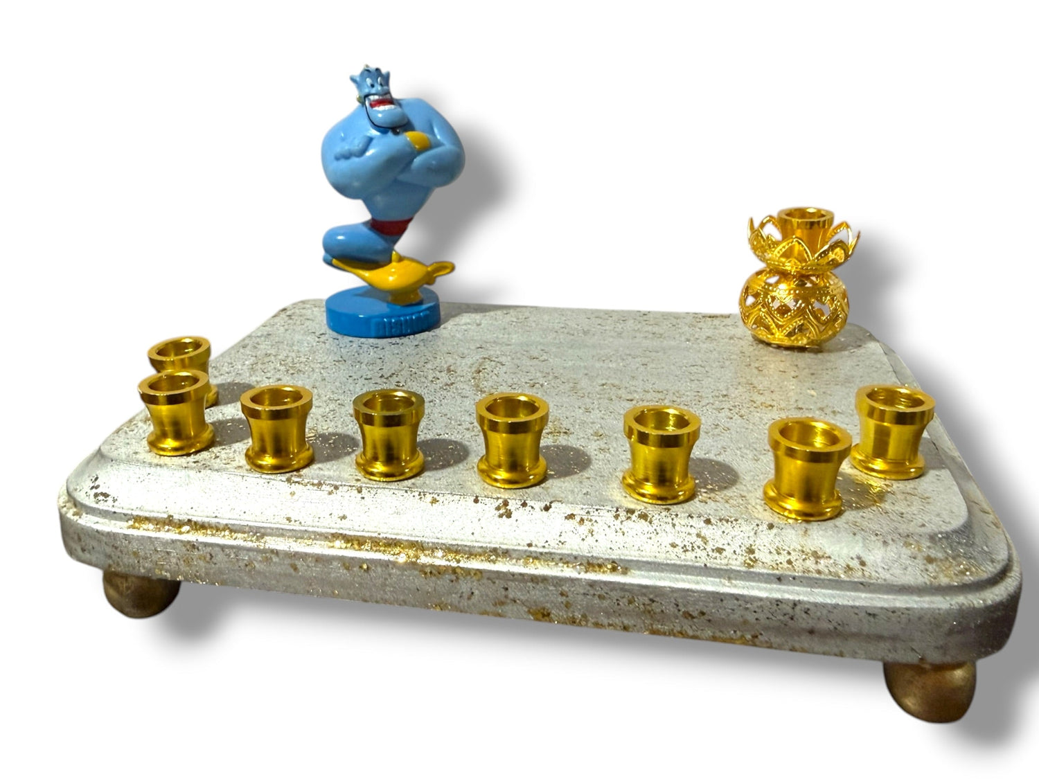 Genie menorah — blue Aladdin genie figure on painted wood plaque with aluminum candle cups | Judaica Square Lakewoo (view 13)