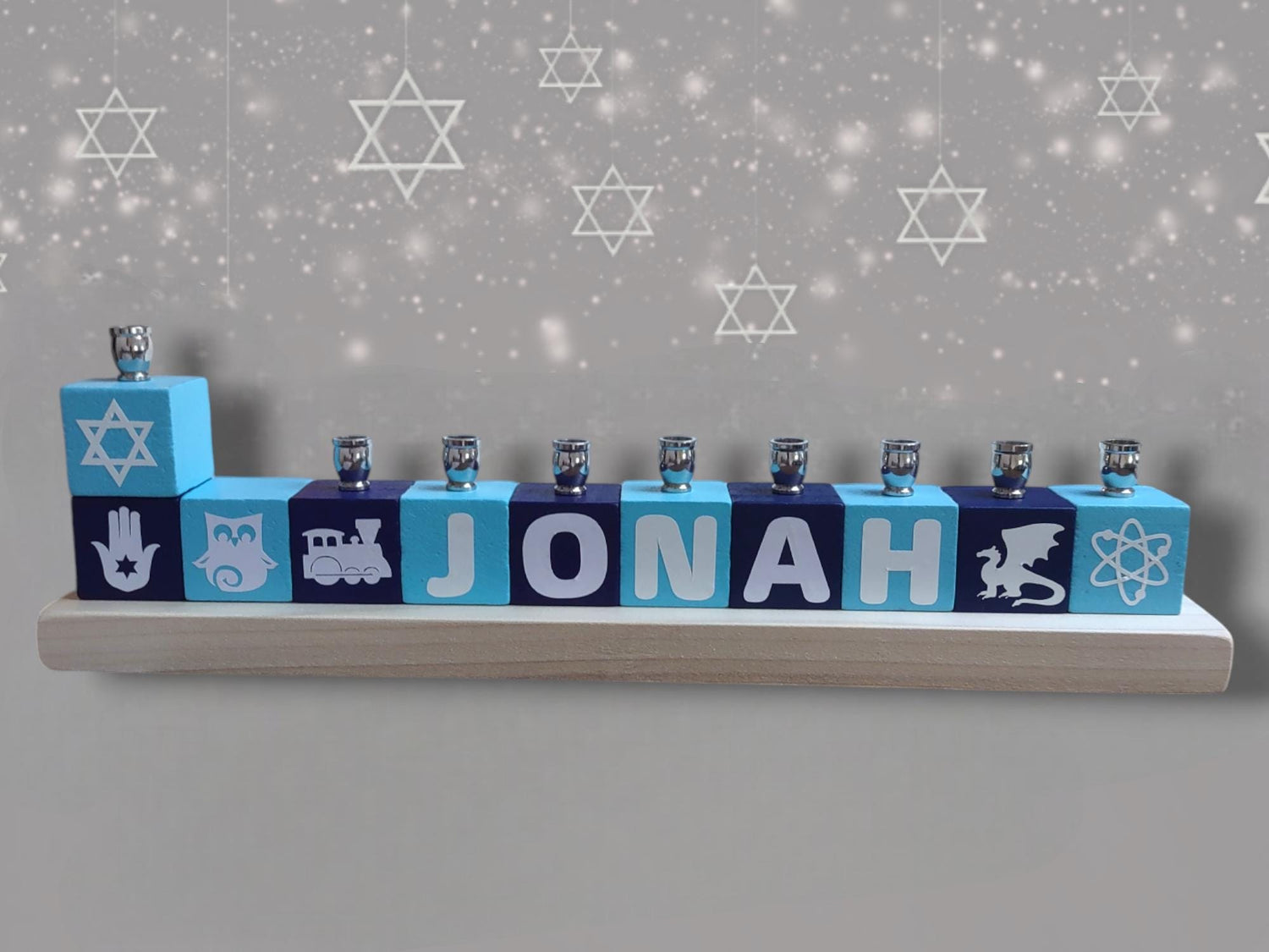 Personalized name block menorah — hand-painted blocks with vinyl letters and nickel cups | Judaica Square Lakewood (view 7)