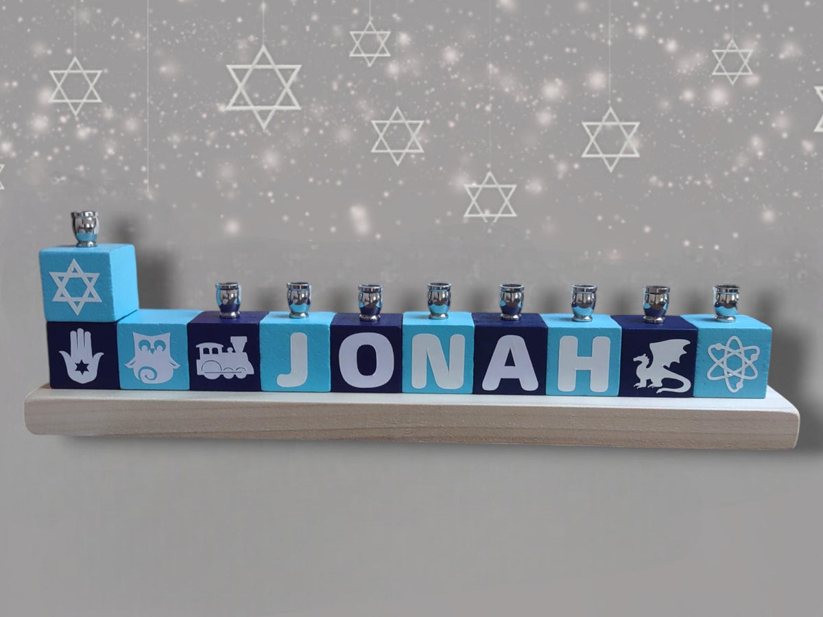 Light blue and navy personalized wooden name-block menorah example