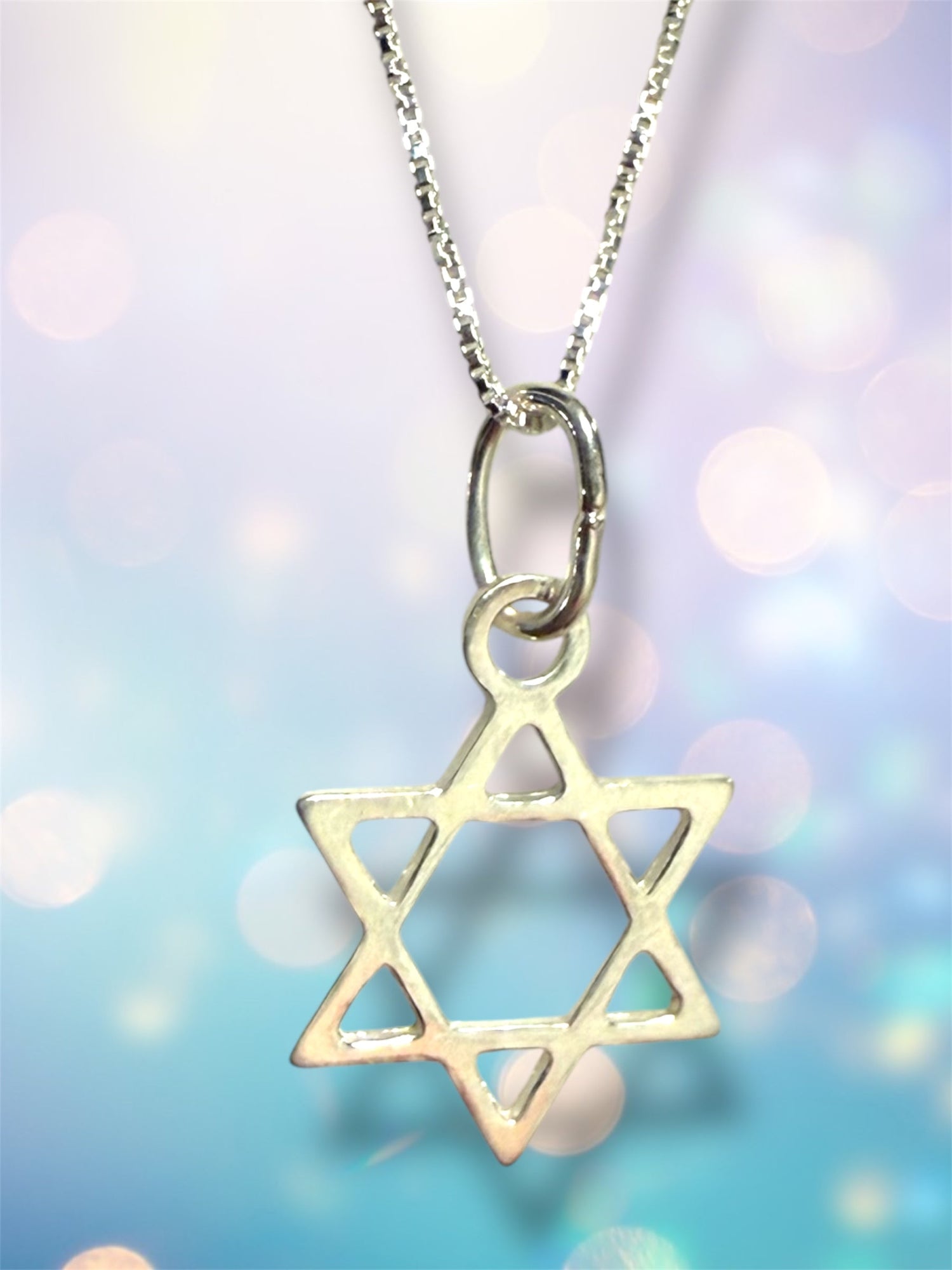 Classic sterling silver Star of David pendant on a 16 inch box chain | Judaica Square Lakewood (view 2)
