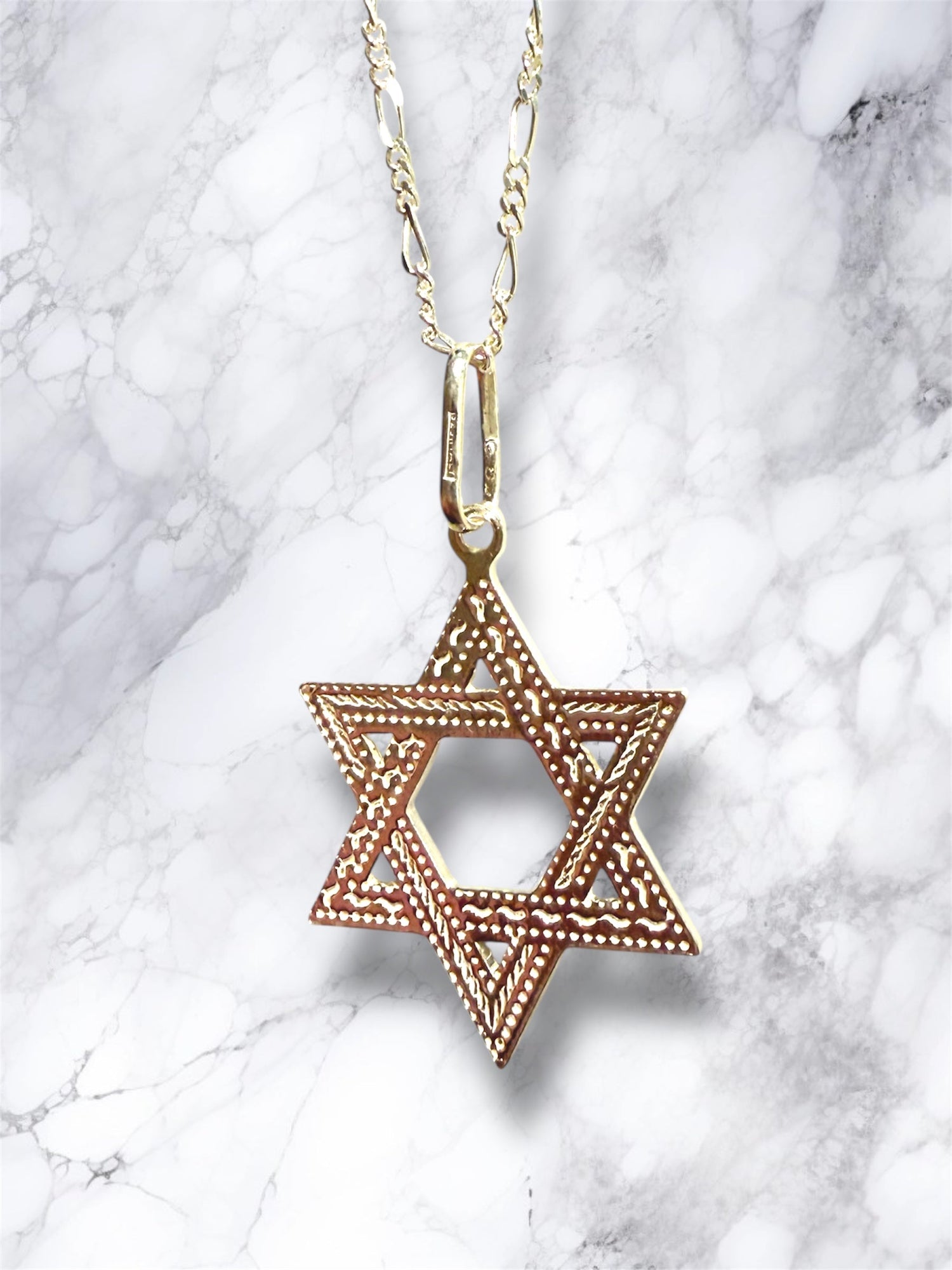 Etched sterling silver Star of David pendant on a figaro chain necklace | Judaica Square Lakewood (view 2)