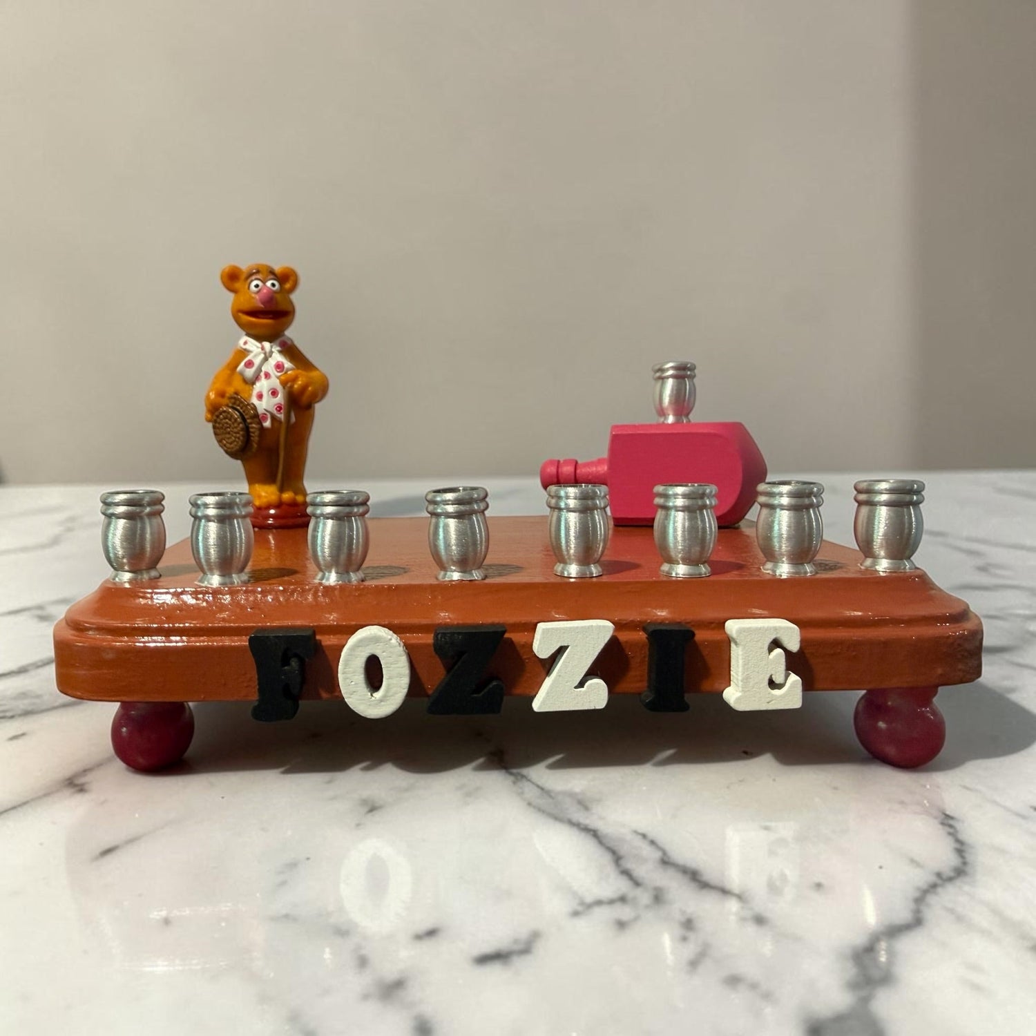 Fozzie Bear menorah — Muppets bear chess piece on painted wood with aluminum cups | Judaica Square Lakewood (view 5)