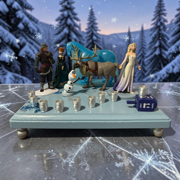 Frozen Menorah — Anna and Elsa figures with glitter dreidel shamash | Judaica Square Lakewood