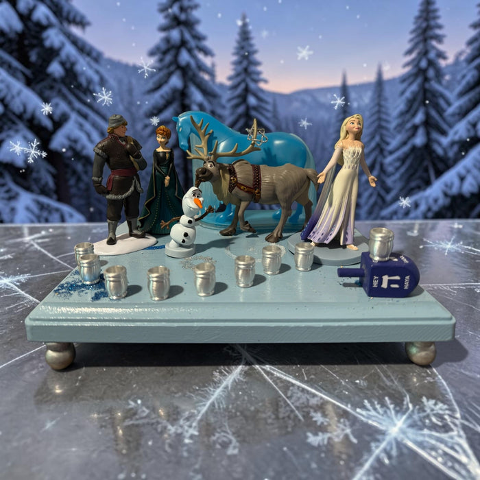 Frozen Menorah — Anna and Elsa figures with glitter dreidel shamash | Judaica Square Lakewood