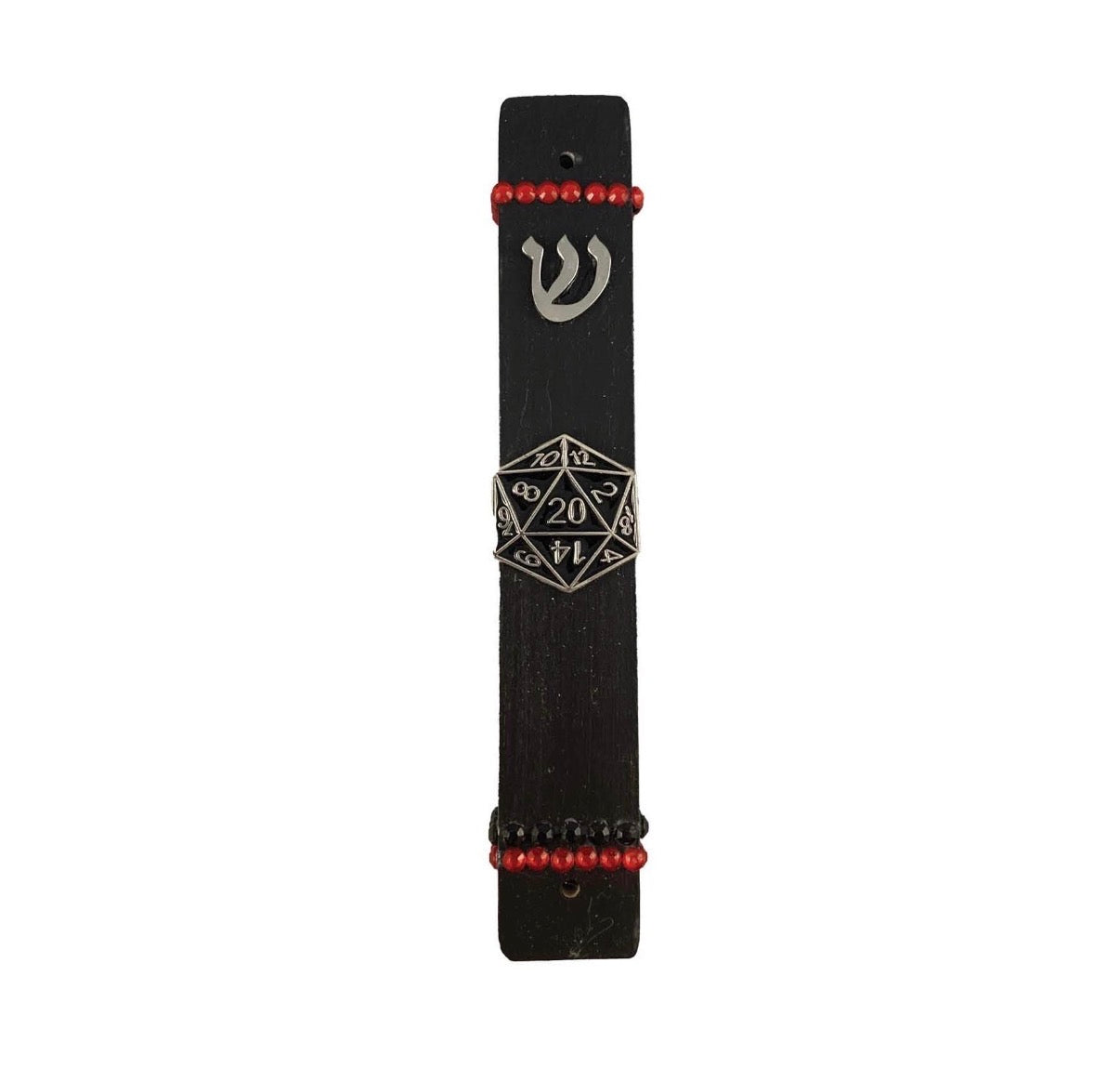 D20 dice mezuzah case — black wood case with Dungeons and Dragons die and rhinestones | Judaica Square Lakewood (view 8)
