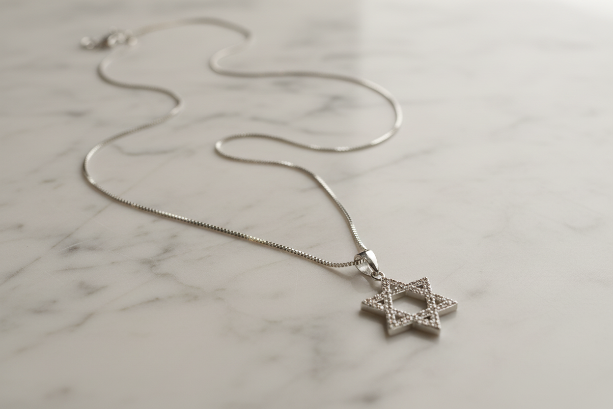 Sparkling cubic zirconia sterling Magen David pendant on box chain | Judaica Square Lakewood (view 2)