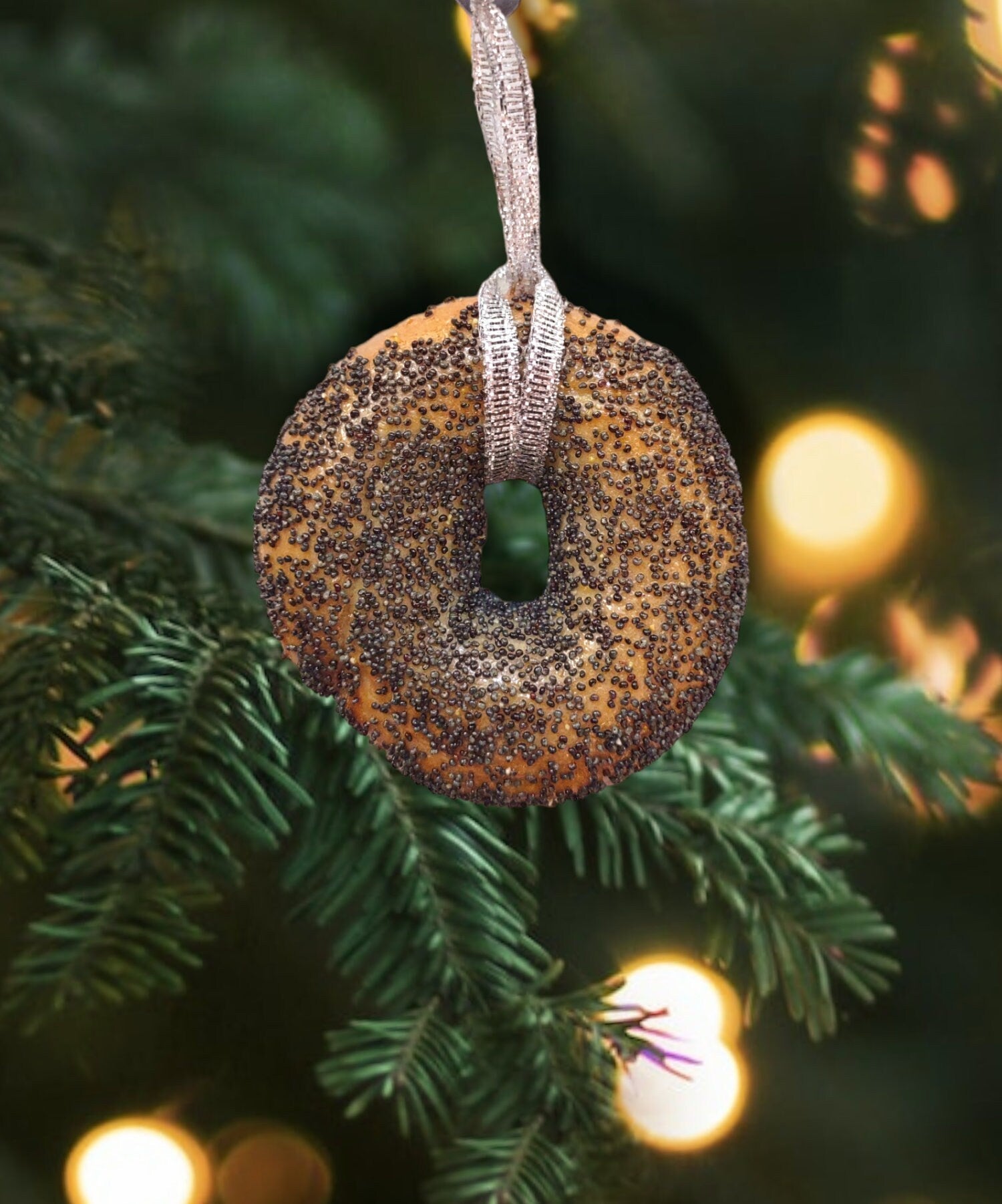 Real preserved everything bagel ornament hanging from a ribbon loop | Judaica Square Lakewood (view 6)
