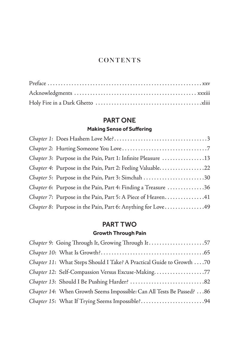 Table of contents, Parts One and Two — Making Sense of Suffering, Growth Through Pain chapters