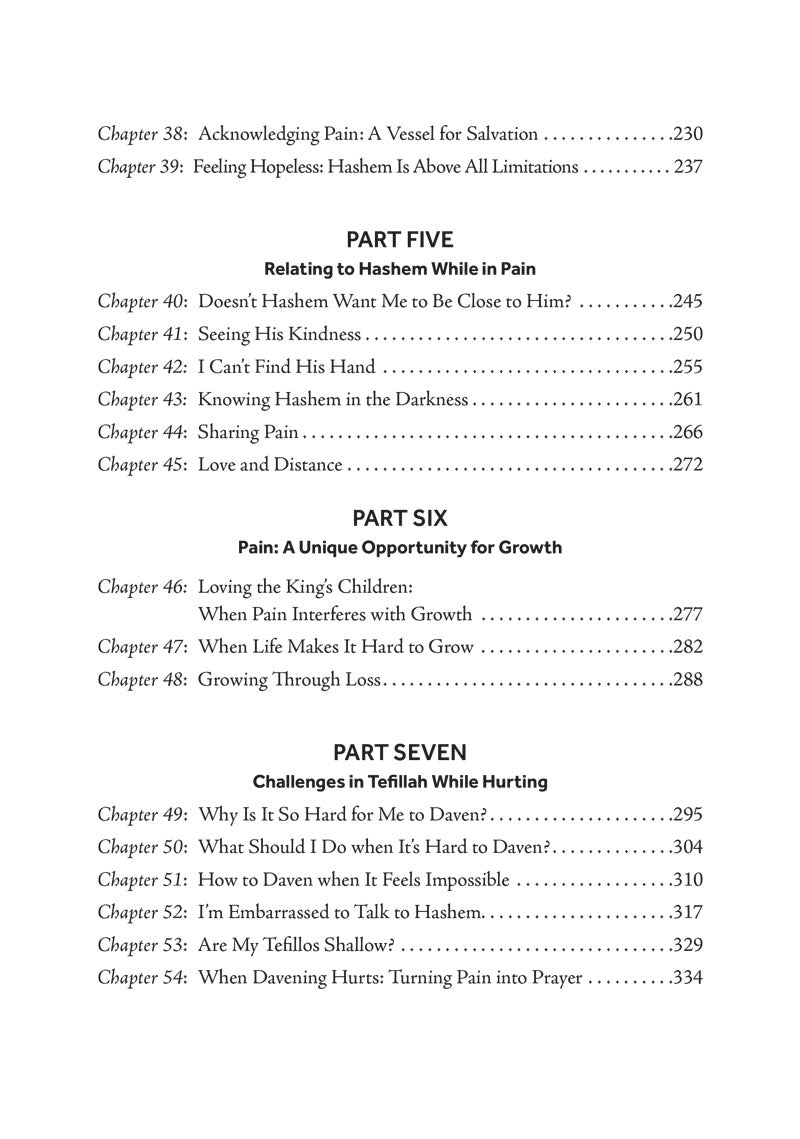 Table of contents, Parts Five through Seven — Relating to Hashem While in Pain chapters