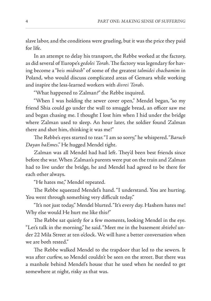 Text page, Chapter 1 — Mendel recalls a frozen morning trudging to the Warsaw Ghetto factory