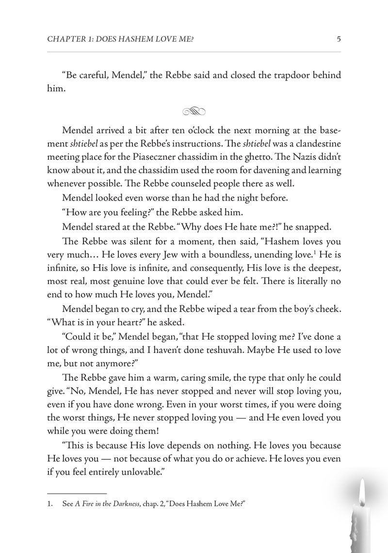 Text page, Chapter 1 — the Piaseczner Rebbe greets Mendel warmly at his door