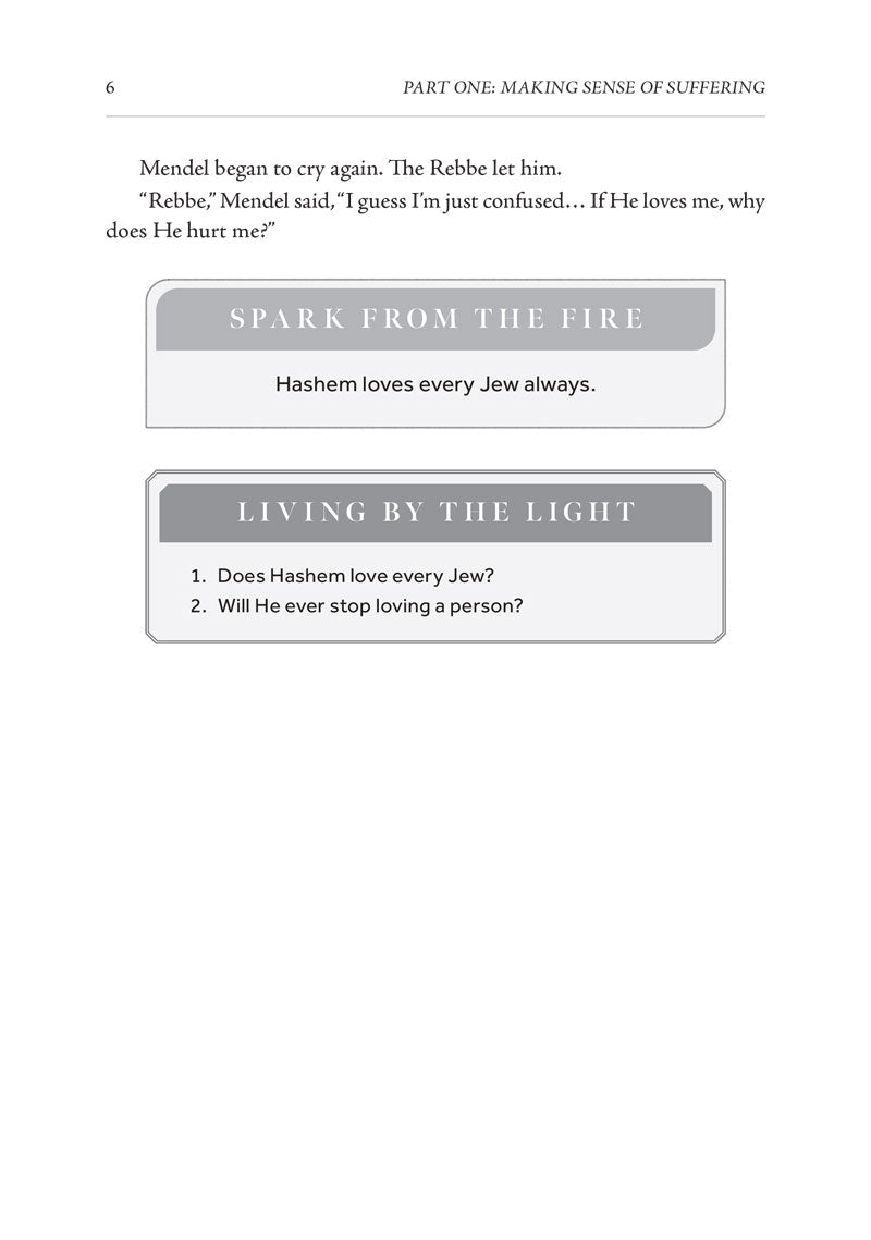 Text page with "Spark from the Fire" sidebar — Hashem loves every Jew, always