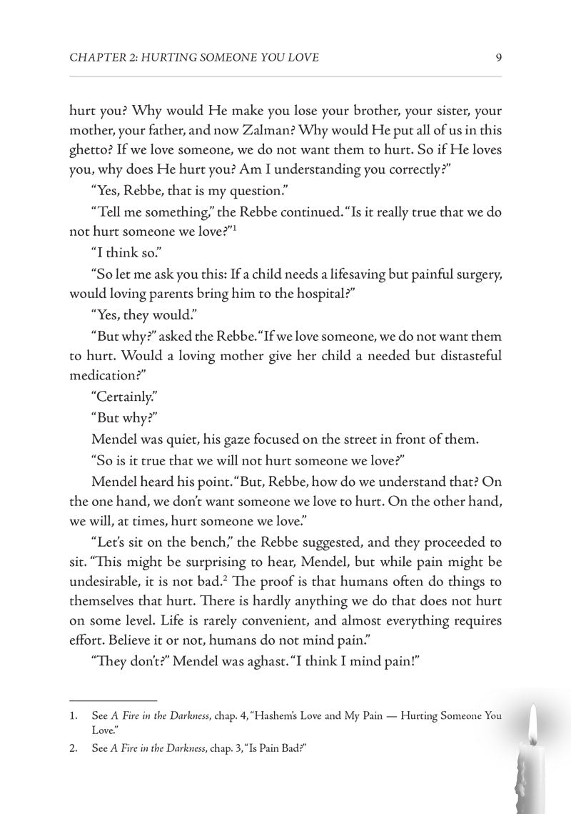 Text page, Chapter 2 — dialogue on pain, love, and asking Hashem why