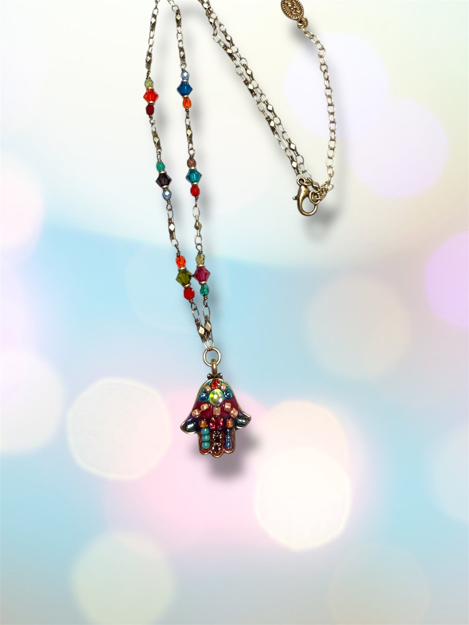 Multicolor hamsa necklace — bright glass mosaic gold pendant | Judaica Square Lakewood (view 9)