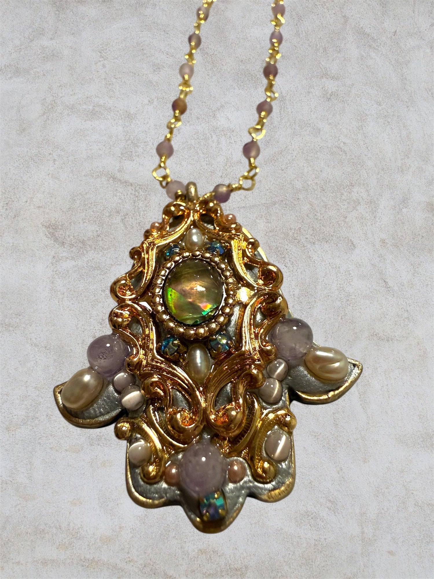 Michal Golan hamsa necklace — abalone and amethyst gold pendant | Judaica Square Lakewood (view 4)