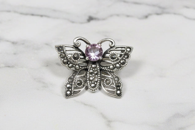 Vintage sterling butterfly brooch with marcasite wings and amethyst | Judaica Square Lakewood