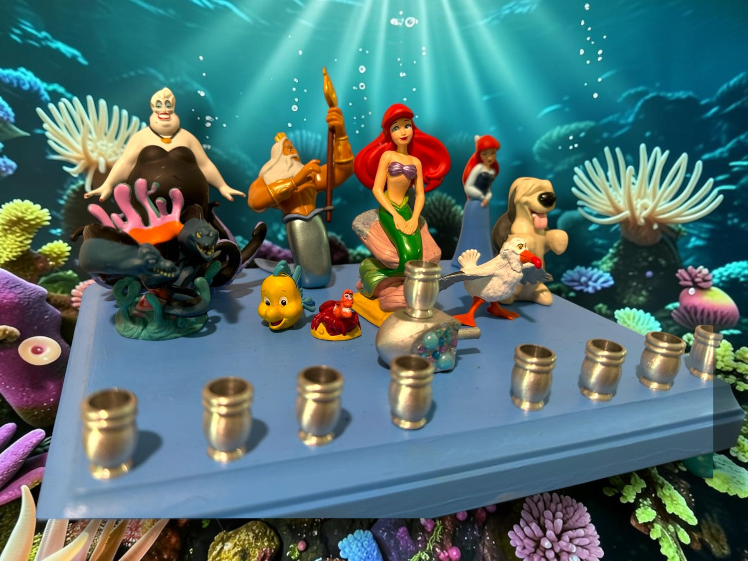 Little Mermaid Menorah — mermaid figures and rhinestones on a painted wood plaque | Judaica Square Lakewood (view 22)