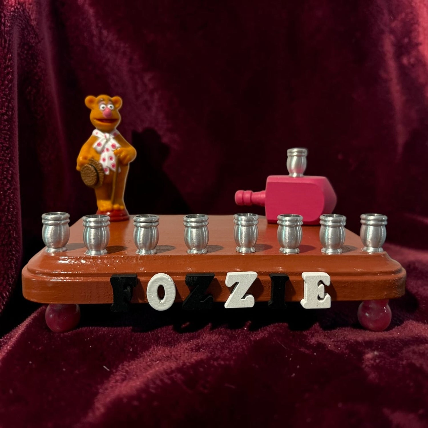 Fozzie Bear menorah — Muppets bear chess piece on painted wood with aluminum cups | Judaica Square Lakewood (view 11)
