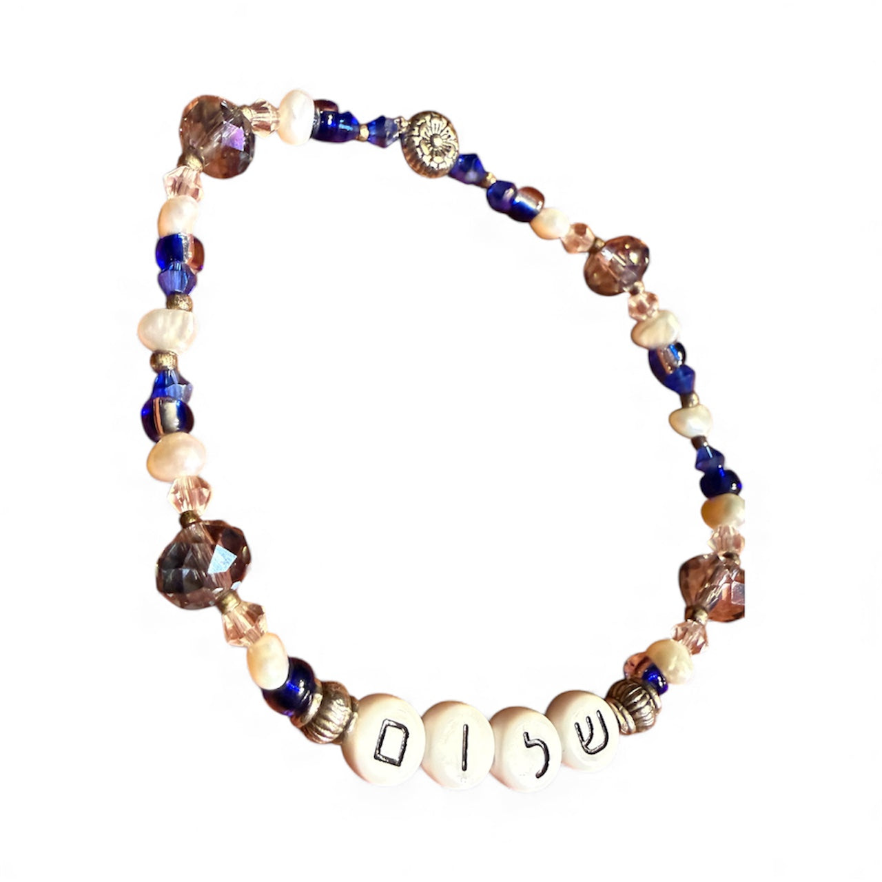 Shalom bracelet — Hebrew peace lettering with gemstone, pearl and mixed metal beads | Judaica Square Lakewood (view 5)