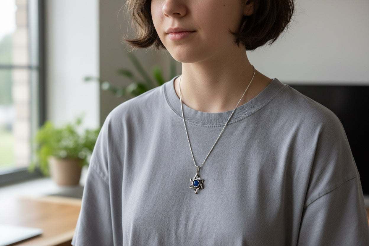 Sterling Star of David pendant with deep blue lapis lazuli stone | Judaica Square Lakewood (view 9)