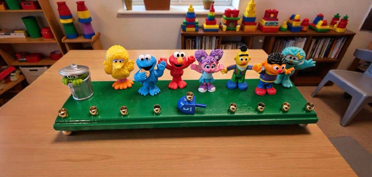 Sesame Street Menorah — Elmo, Bert, Ernie and friends with wooden dreidel shamash | Judaica Square Lakewood (view 10)