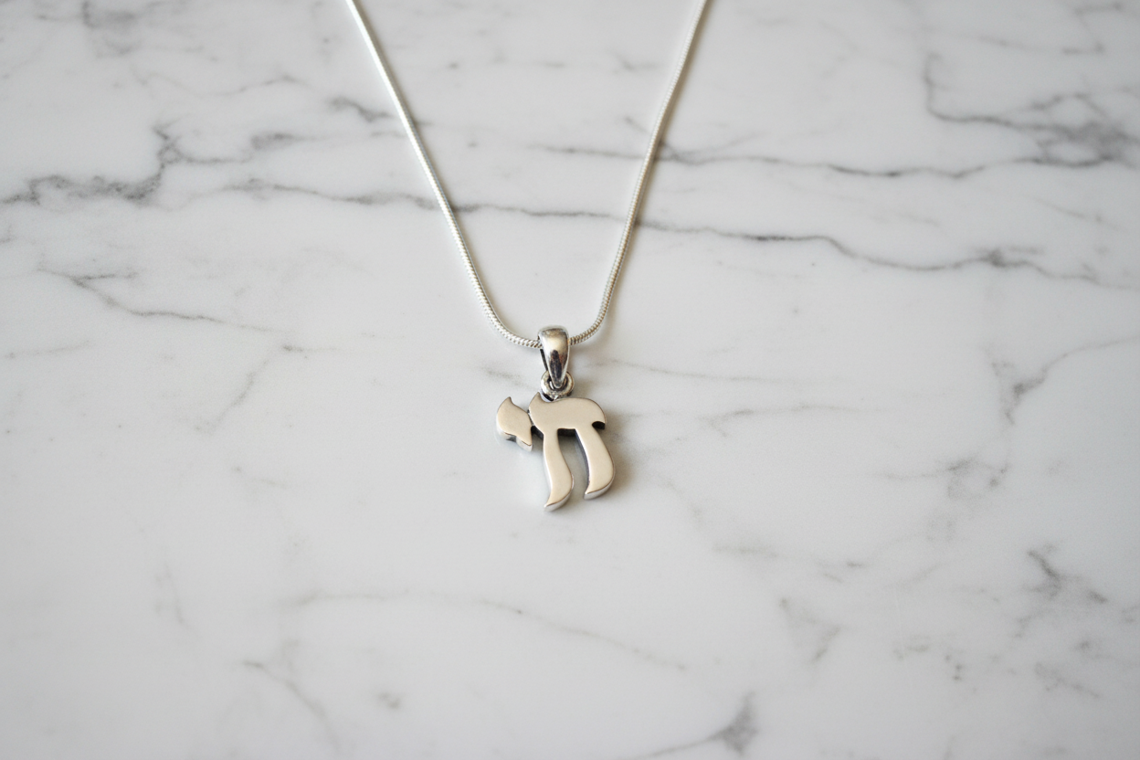 Sterling silver chai necklace — Hebrew life pendant on snake chain | Judaica Square Lakewood (view 2)