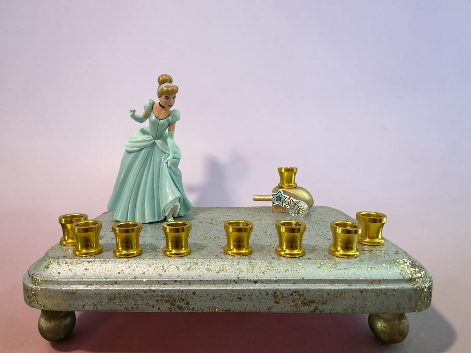 Cinderella menorah — Disney princess figurine on silver base with nine gold cups | Judaica Square Lakewood (view 10)