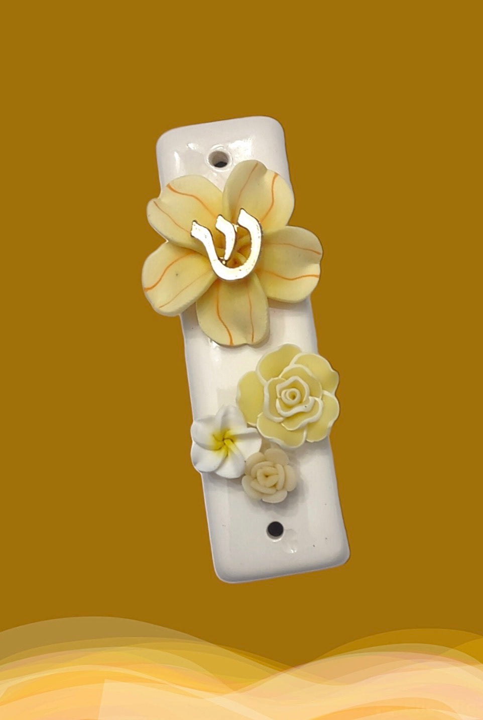 Ceramic tropical flower mezuzah case — slim glazed case with silicone bloom and metal trim | Judaica Square Lakewood (view 6)