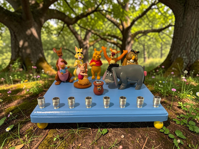 Classic Winnie the Pooh Menorah — Pooh and Tigger figures with honey pot shamash | Judaica Square Lakewood