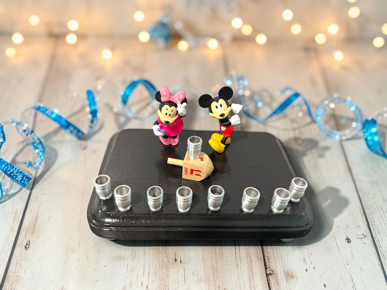 Mickey and Minnie Mouse menorah — repurposed Disney figures on painted wood plaque | Judaica Square Lakewood (view 6)