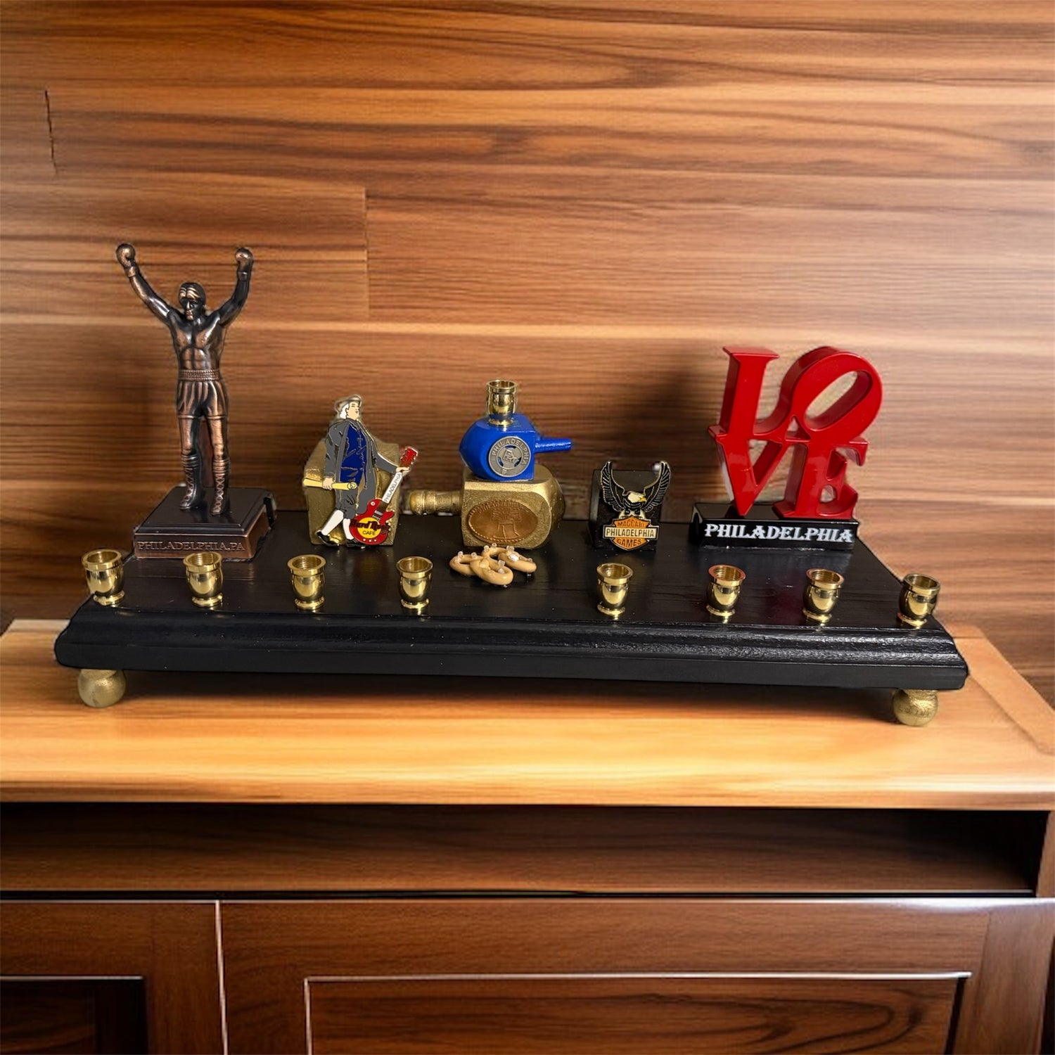 Philadelphia collector menorah — vintage pins, transit token and handmade pretzels | Judaica Square Lakewood (view 2)