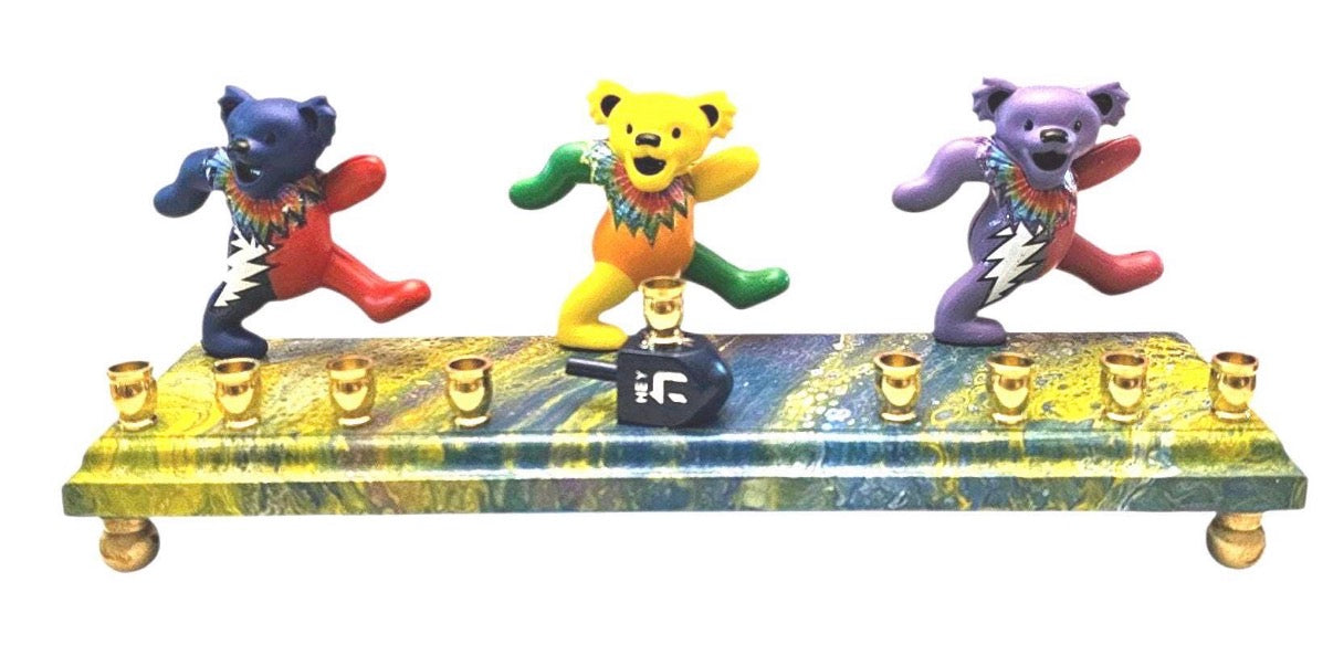 Psychedelic Dancing Bears Menorah — bear figures on a swirled paint-poured base | Judaica Square Lakewood (view 10)
