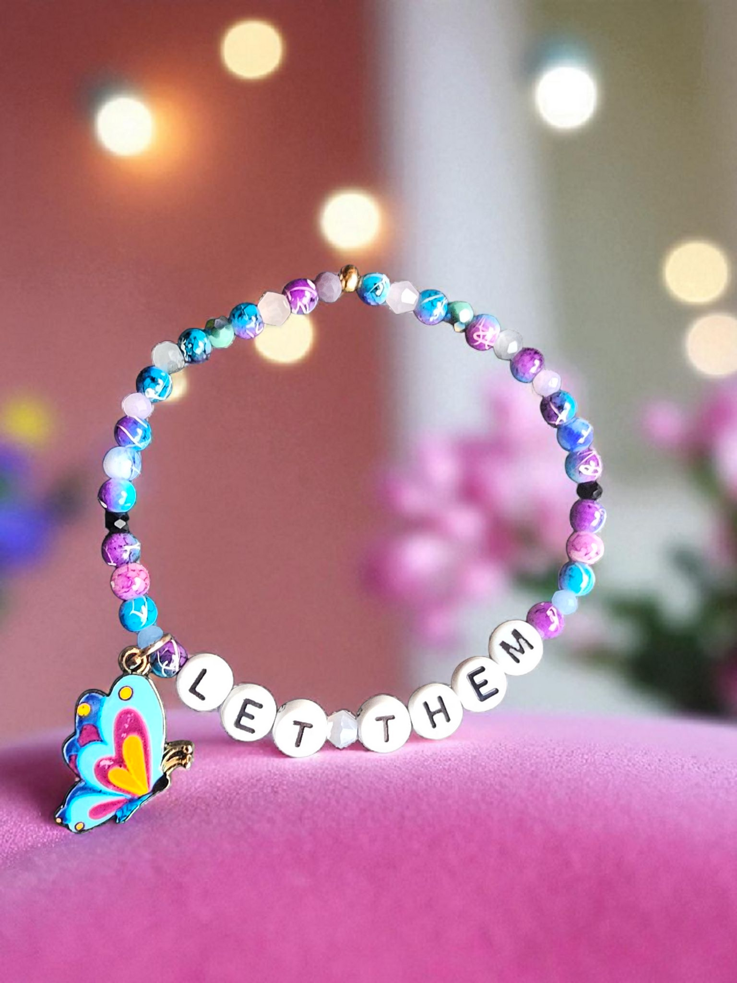 Let Them / Let Me beaded bracelet — letter beads with crystal and enamel charms on elastic | Judaica Square Lakewood (view 6)