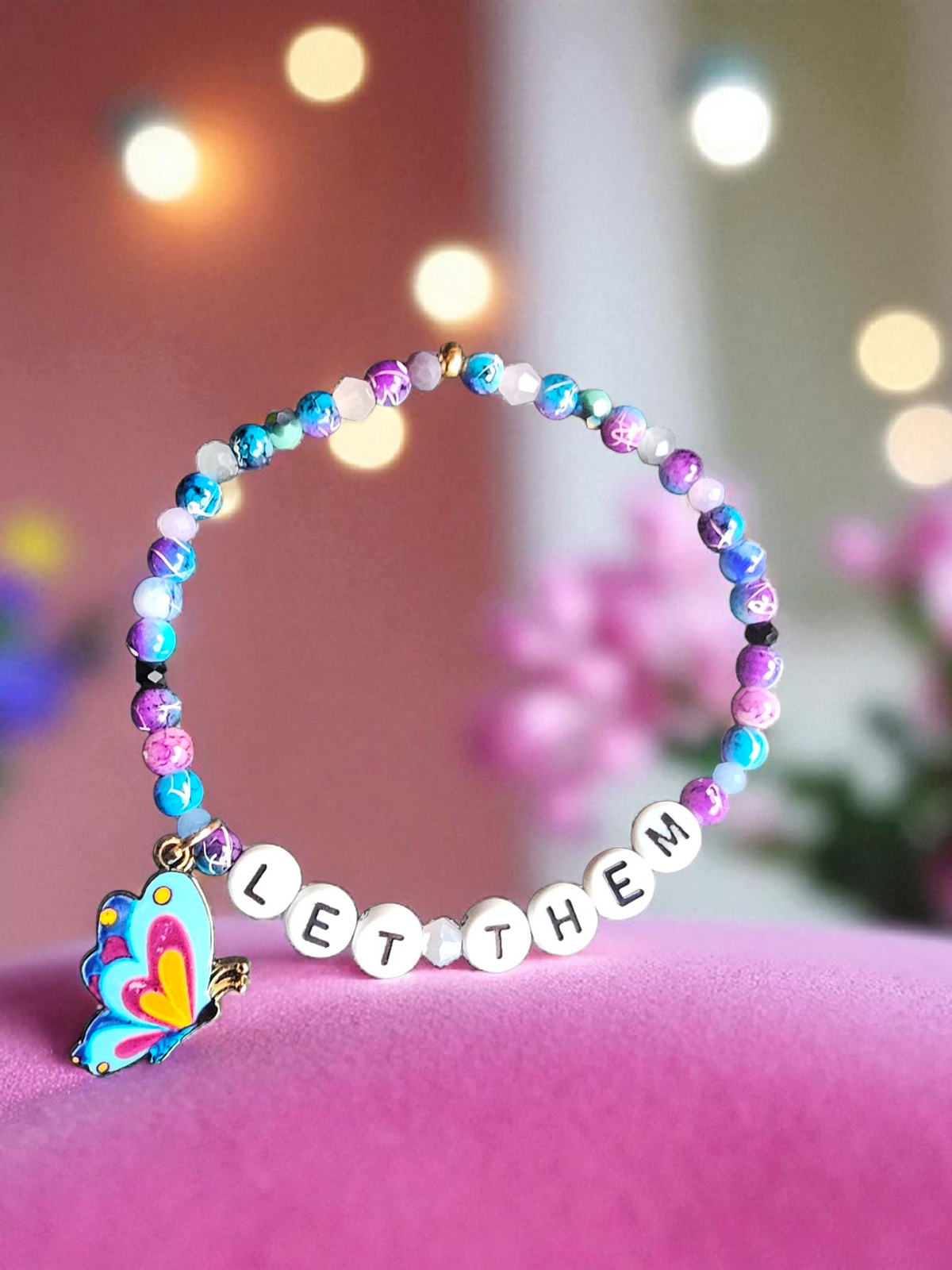 Let Them / Let Me beaded bracelet — letter beads with crystal and enamel charms on elastic | Judaica Square Lakewood (view 6)
