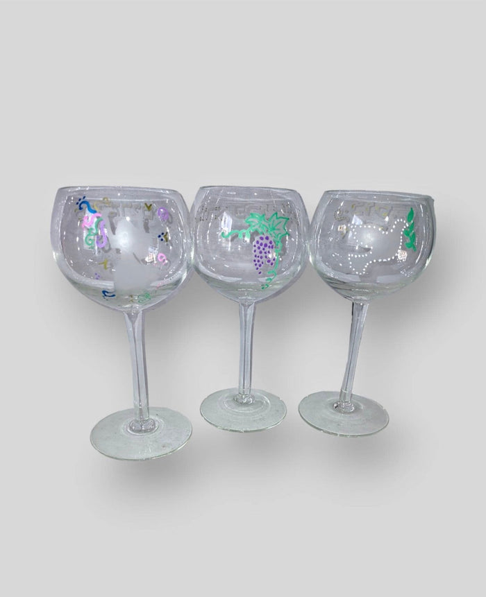 Seder cup set — three etched glasses painted with purple grapes | Judaica Square Lakewood